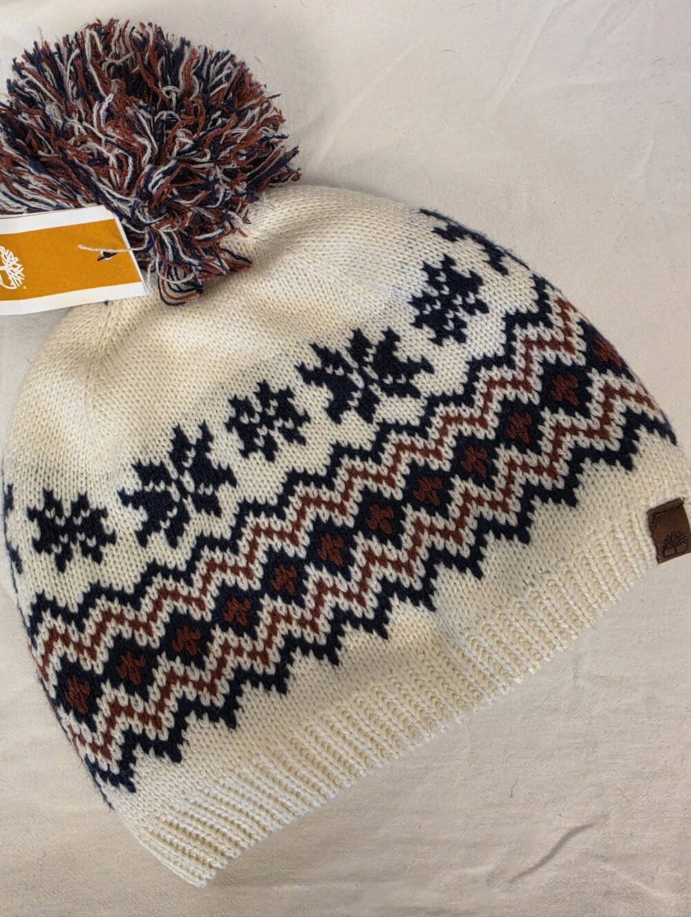 NWT Timberland Fair Isle Pom Pom Beanie Winter Hat Cream Nordic Knit